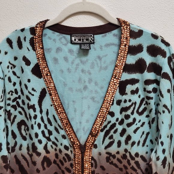 VTG Berek Leopard Print Zip Cardigan Sweater Brown Turquoise Ombre Sequins READ - Picture 2 of 8